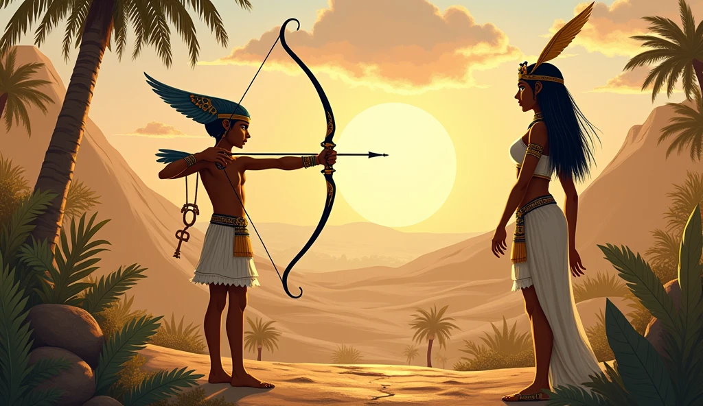 Horus, , is practicing archery under the watchful eye of Isis, surrounded by divine symbols and the natural beauty of the Egyptian landscape. The scene reflects both the innocence of youth and the preparation for a greater destiny.