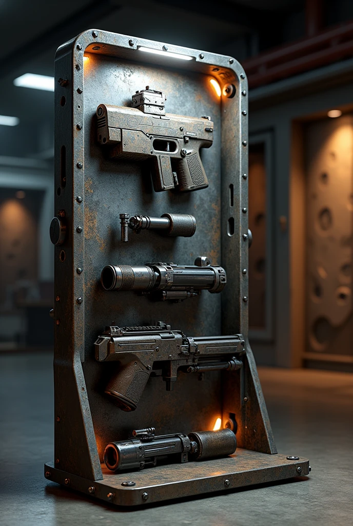 Make an Uncharted-like display stand, but make it very different, masculine.  A 3D presentation rendered as a 3D reference, each item needs to be beautifully rendered and highlighted as 3D props, rendering NVIDIA GEFORCE RTX 3060 global physical illumination Iray Daz Studio 4.2 Pro Render PBR Iray engineer.
