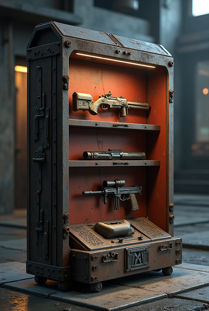 Make an Uncharted-like display stand, but make it very different, masculine. A 3D presentation rendered as a 3D reference, each item needs to be beautifully rendered and highlighted as 3D props, rendering NVIDIA GEFORCE RTX 3060 global physical illumination Iray Daz Studio 4.2 Pro Render PBR Iray engineer.