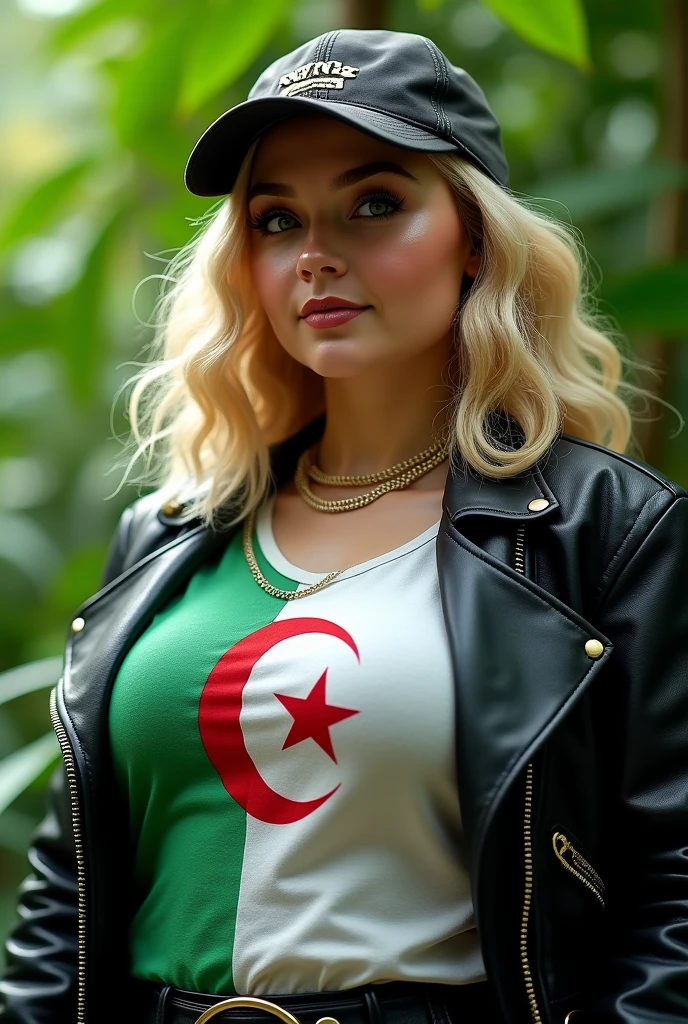 Close up, blonde, plump woman . Wearing a black leather coat, Boné Trucker Caramelo Camurça Brasão | MVCK, T-shirt with Algerian flag detail and detail in green and white, green nature background
