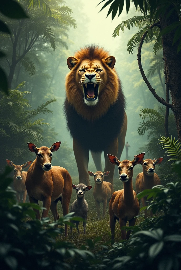 "Scene 1: The Terrifying Jungle

Description: A dense jungle filled with various animals like deer, monkeys, and birds. The atmosphere is tense as the animals look scared and huddled together. A powerful and majestic lion is seen in the background, roaring loudly with a menacing expression. The lion stands tall, symbolizing his dominance over the jungle.
Focus: Highlight the fear on the animals' faces and the imposing figure of the lion.