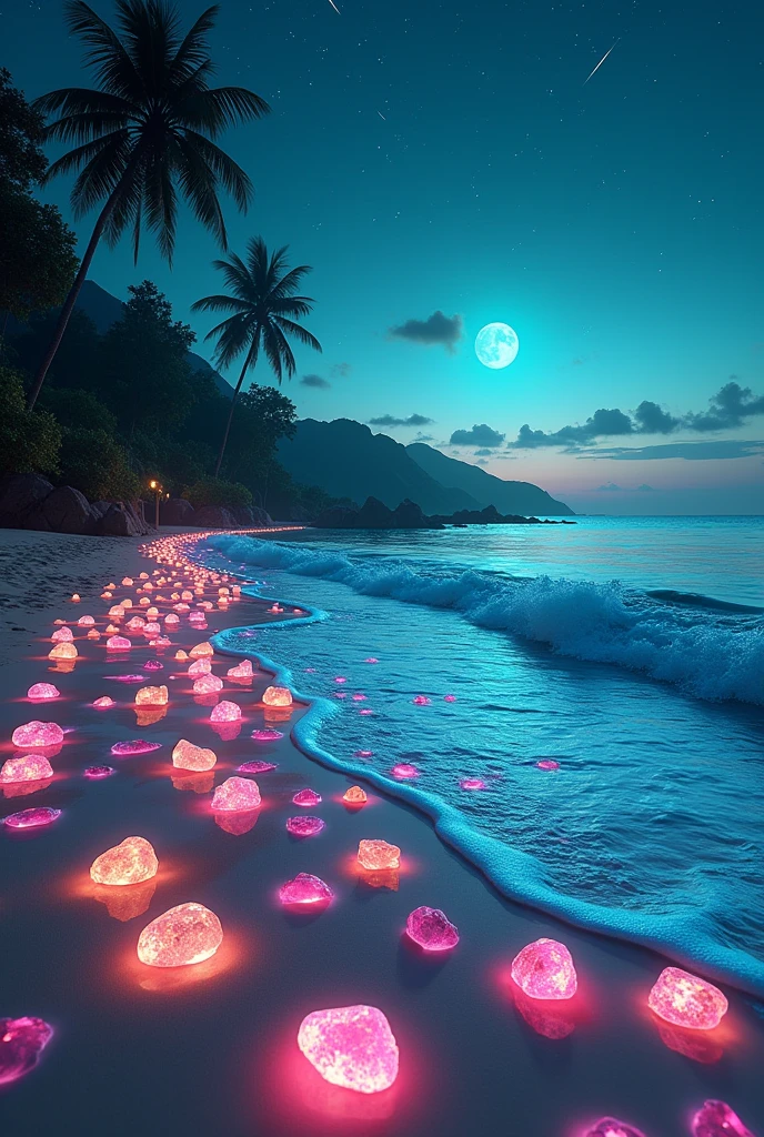 (Dusk sunset)，The beach is covered in blue and green fluorescent light，(Many beautiful colored stones like glass are scattered all over the beach，Beach with HD quality)(Very beautiful various luminous stones sparkling all over the beach，Crystal clear)，(beautiful beach，starry sky，Dreamy style，Dreamlike scene，HD Photography，star-sparkled，Shooting star，Flowers floating in the water，Coconut trees grow along the coastline，Small bridges and flowing streams lead to distant islands，Wide-angle view，Teal blue color toned，Fluorescent waves rolling on the beach，Seaside style，Rose petals scattered around the coast), Elf Light，star，Light spot，the sea with fluorescence，the shining golden beach，Matte by Michael James Smith，reflection，CG Rendering，Volumetric Light，Space Art，Bioluminescence，Unreal Engine 5，The magic of light，Unreal Engine Rendering，Ultra wide angle，Ultra wide angle，HD。