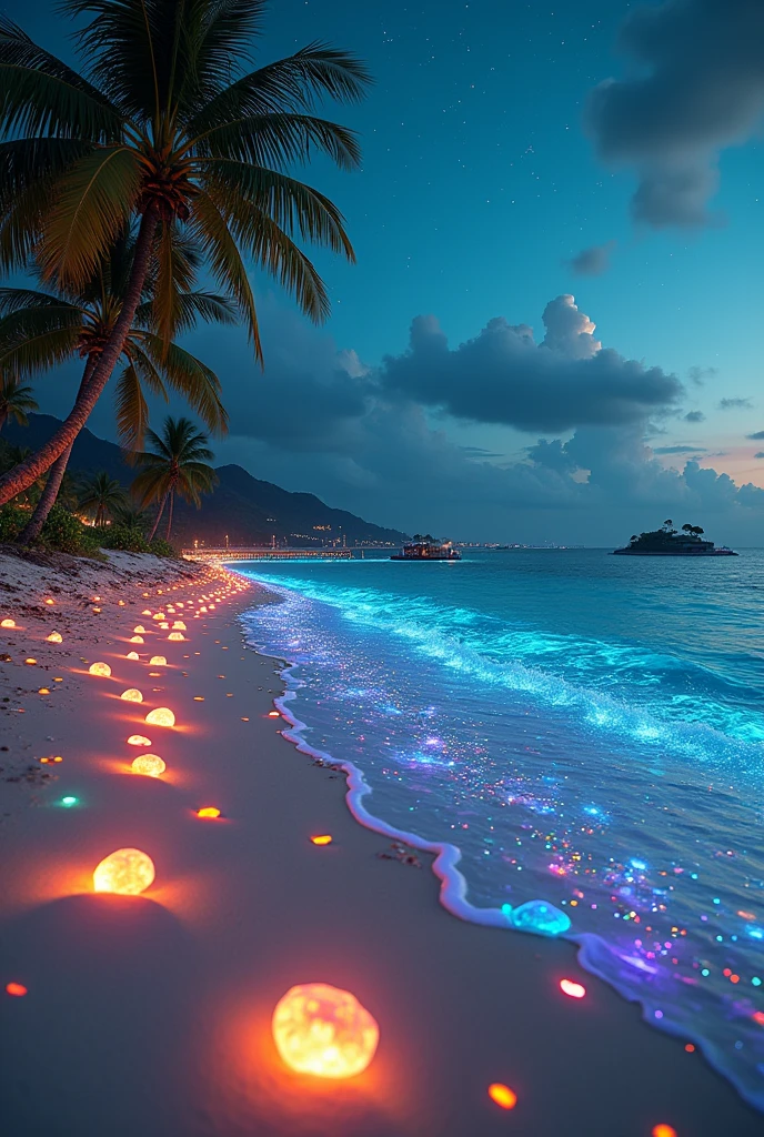 (Dusk sunset),The beach is covered in blue and green fluorescent light,(Many beautiful colored stones like glass are scattered all over the beach,Beach with HD quality)(Very beautiful various luminous stones sparkling all over the beach,Crystal clear),(beautiful beach,starry sky,Dreamy style,Dreamlike scene,HD Photography,star-sparkled,Shooting star,Flowers floating in the water,Coconut trees grow along the coastline,Small bridges and flowing streams lead to distant islands,Wide-angle view,Teal blue color toned,Fluorescent waves rolling on the beach,Seaside style,Rose petals scattered around the coast), Elf Light,star,Light spot,the sea with fluorescence,the shining golden beach,Matte by Michael James Smith,reflection,CG Rendering,Volumetric Light,Space Art,Bioluminescence,Unreal Engine 5,The magic of light,Unreal Engine Rendering,Ultra wide angle,Ultra wide angle,HD。