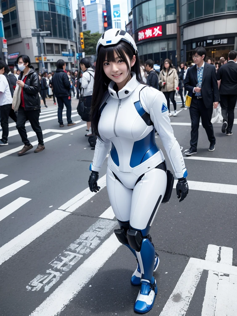 Japanese female android,Black Hair,White and blue robot suit,Plump,Walking through Shibuya Scramble Crossing,smile