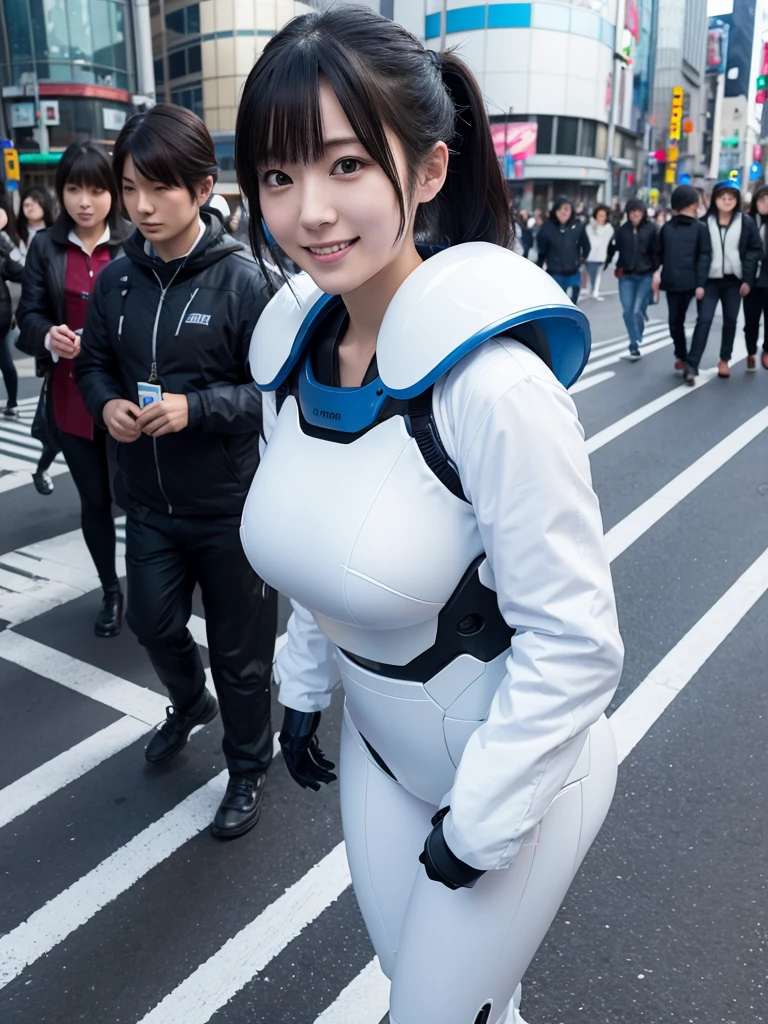 Japanese female android,Black Hair,White and blue robot suit,Plump,Walking through Shibuya Scramble Crossing,smile