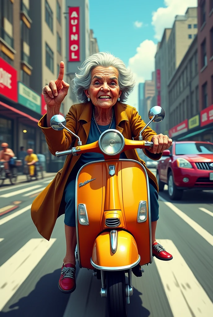 A thin grandma doing GTA heist on a motor scooter and flipping a the third finger and laughing
