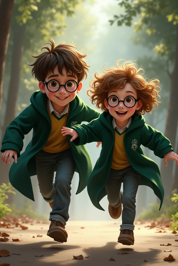 The older brother chases his younger sister. Both have short brown hair.,cheerful,Wear glasses,curly hair,Wearing Slytherin robes