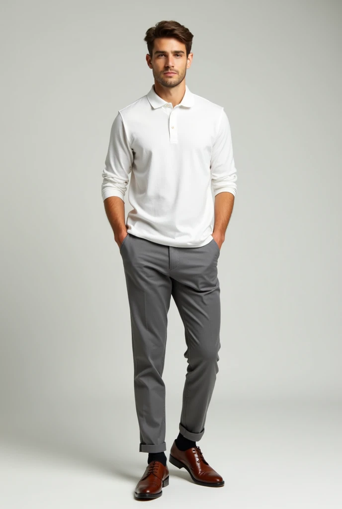 A guy wearing white long sleeve polo, gray pants and brown shoes with black socks