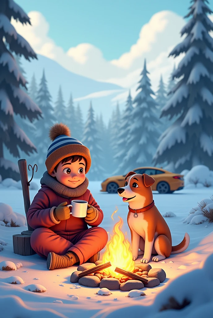 A young bou
and dog in a snow and enjoying the suns and fire camp in wood stick and man is drinking coffe in a cup
Let with pleasent nature and clan sky and near by there is sports car