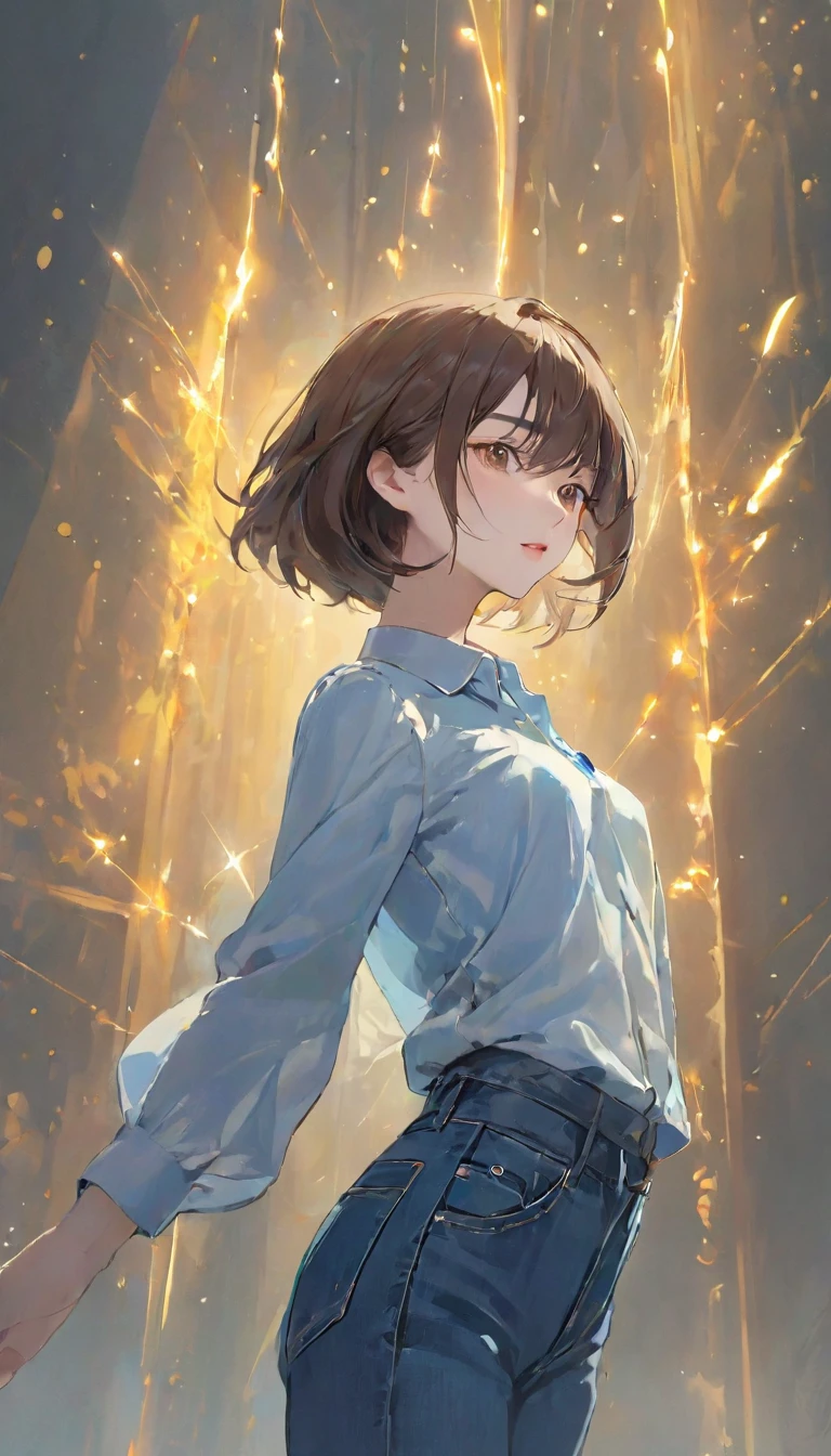A girl、Dark brown hair、Supermodel with perfect body、wind衣，jeans，white collar，Soft Lighting， （Bauhaus， shape， Line works， Abstract： 1.1）Attractive appearance, Excellent body proportions, Three-dimensional effect through light and shadow, eye-catching effect, Rainbow Gem Dust, wind, wind effects, modern Art, Background light color 1 girl, 闪闪发光的A girl，Sunlight，Clear face，Clean white background