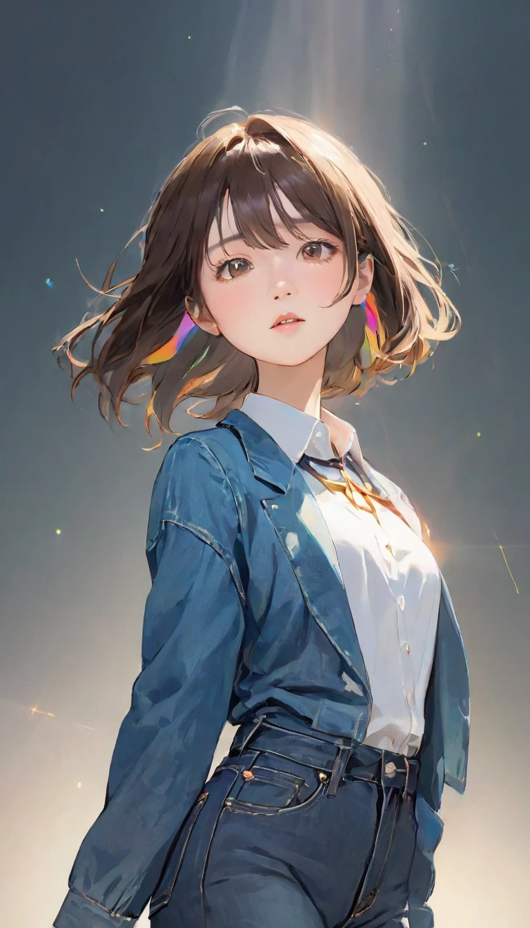 A girl、Dark brown hair、Supermodel with perfect body、wind衣，jeans，white collar，Soft Lighting， （Bauhaus， shape， Line works， Abstract： 1.1）Attractive appearance, Excellent body proportions, Three-dimensional effect through light and shadow, eye-catching effect, Rainbow Gem Dust, wind, wind effects, modern Art, Background light color 1 girl, 闪闪发光的A girl，Sunlight，Clear face，Clean white background