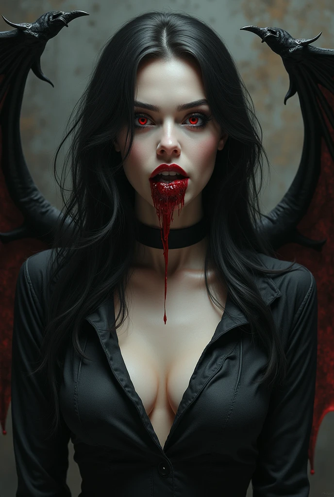 make a dark realistic vampire woman portait with demon wings and blood in mouth