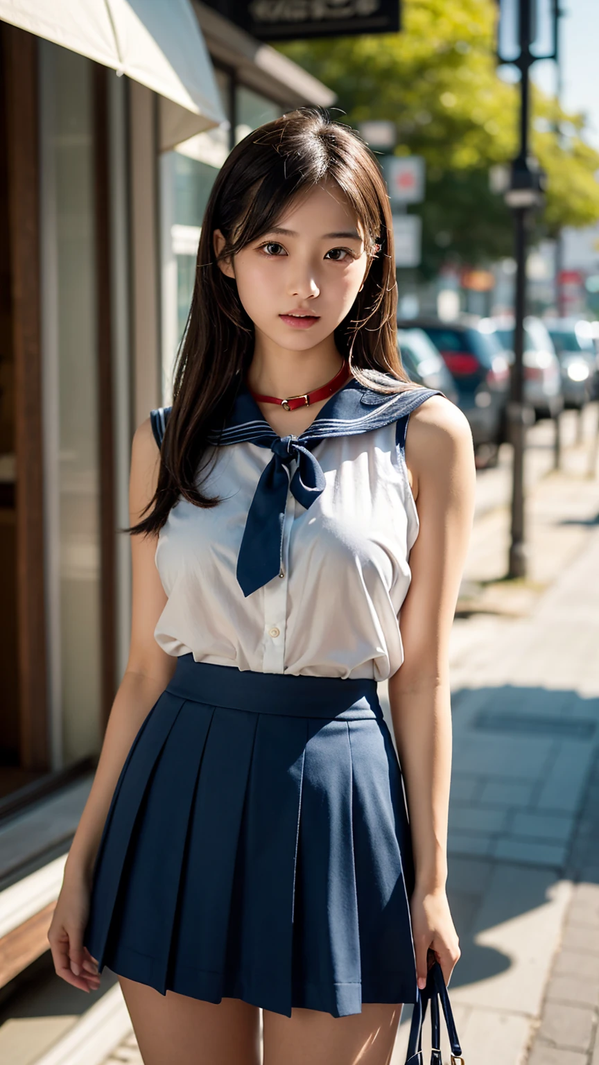 “A hyper-realistic portrait of a young Japanese schoolgirl with lifelike human features. She has natural, smooth skin with a hint of warmth, and her long, dark hair falls naturally around her shoulders. Her big, brown eyes are expressive and full of emotion, reflecting curiosity and innocence. She wears a traditional Japanese school uniform: a navy-blue pleated skirt and a crisp white blouse with a classic sailor collar and red ribbon. She stands in a real-world setting, such as a quiet Japanese street or a classroom, with natural lighting that casts soft, realistic shadows. Her expression is gentle, with a slight smile, making her appear approachable and friendly, capturing the essence of a real person.”