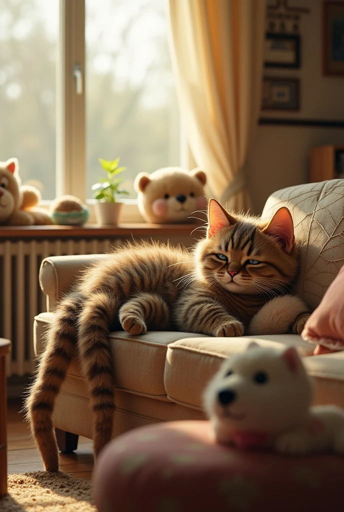 Spider-Cat in Ordinary Life:
Prompt: "Whiskers, in his ordinary cat form, lounges contentedly in a cozy living room, surrounded by toys and his favorite spots. The room is bright and welcoming, capturing a moment of relaxation after his heroic adventures. The scene is warm and inviting, with detailed, realistic textures."