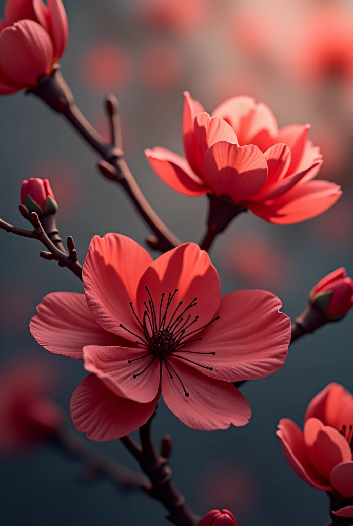 Red plum blossoms，Very beautiful digital art，Soft and beautiful light，Cold background，black