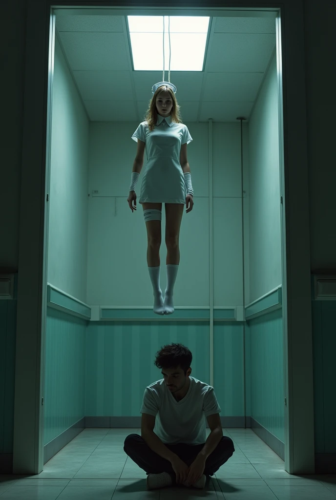 Scene of female student wearing white thigh high socks hanging herself to death ,hovering in the air , a man sitting on the ground in panic 