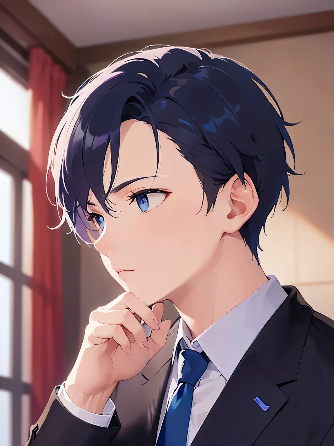 (night:1.5), side angle, (looking away:1.5), upper body、shiny skin, masterpiece、Highest quality、(2 male:1.5) and (Black short hair) and (blue eyes), (Wearing a suit:1.5) and (Blue tie)、confused、The background is the living room at night、(Alone:1.5)