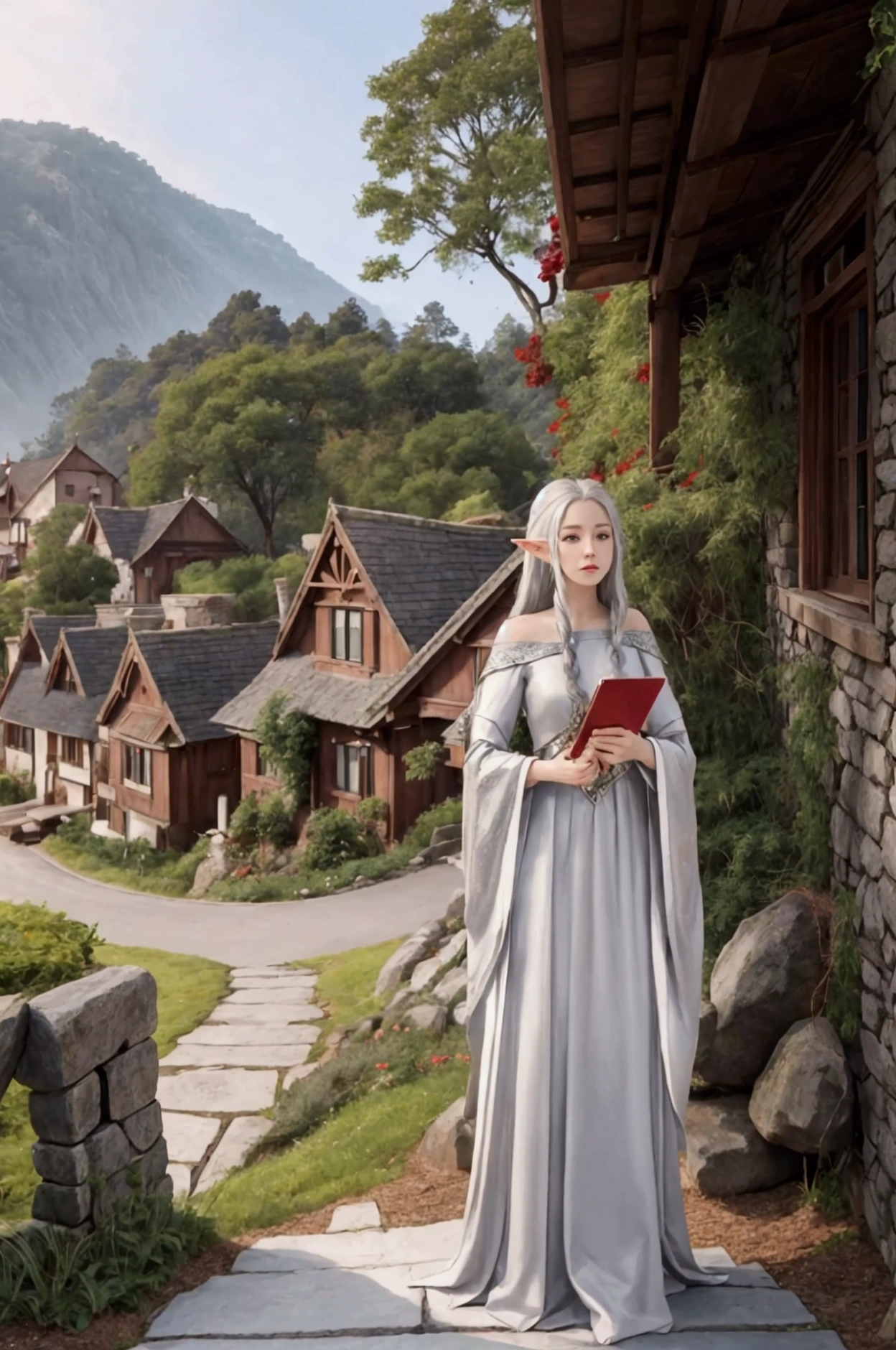 Full-body portrait. A beautiful silver-haired elven woman, wearing red and white clothes, is looking at the scenery on the edge of a beautiful hill. The background is a simple house made full of shiny brown wood in an elven village. The background of the house is a beautiful elven village. This scene is a very detailed and professional 3D digital art. A masterpiece. 12k