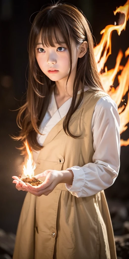 One girl, bangs, breathing fire, combustion, Burnt clothes, 残りfire, Ahoge, Beige Hair, Multicolored Hair, fire, inflammation, inflammationの剣, (Put your hand on the handle), Are standing, Long Hair,  Pyrokinesis, Expressionless, cigarette, flower(symbol),  alone, fireflower, sunset, Twilight, white flower, lava, Yuri (flower),  fiery flower, Depth of written boundary, combustion ,