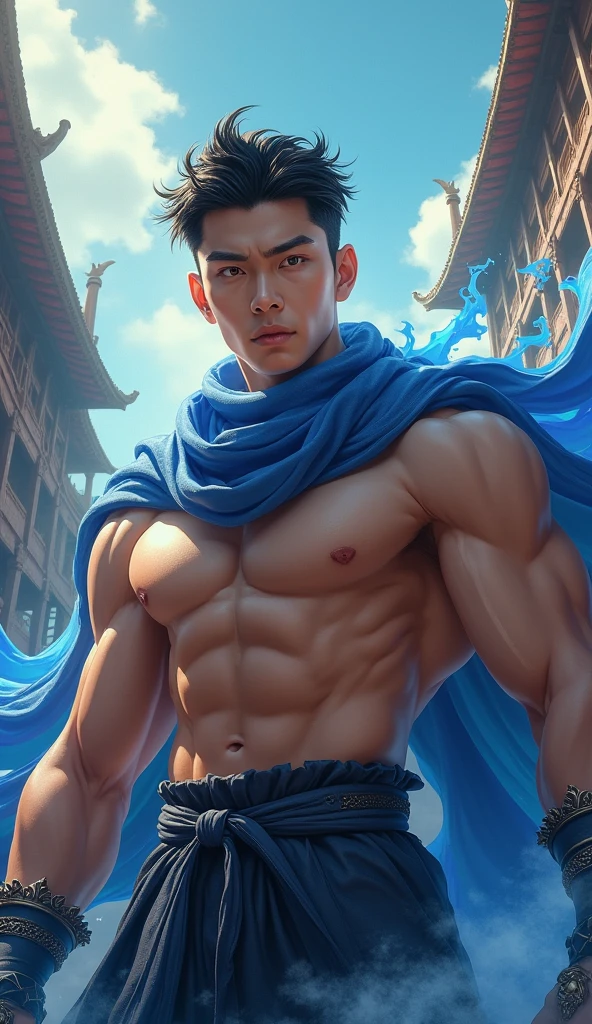 Highest quality、Masterpiece、high resolutionเป็นพิเศษ、(realistically:1.4)、detailed face、alone、１male human、upper body、dark hair、Glowing skin、Dense skin、(Korean man)、architecture、(nonsense、high resolution、very detailed)、、1 man、adult、(2 male)、handsome、tall muscular man、Broad shoulders、I have very short hair.、angular jaw、Thick neck、Thick eyebrows、I have very short hair.、มีdark hair、ดวงตาที่ละเอียดและdetailed face、 Highly detailed CG unity 8k wallpaper.、complex-detail、(magic swirl style:0.7)、looking at the audience、alone、(Whole Esbian:0.6)、Detailed background、detailed face、Dynamic Post、、dynamic elements、 big muscles、、((((Complete penis))))、handsome、 ((table top:1.4, best quality)), ((table top, best quality)), (ถ่ายภาพrealistic:1.4)、(((shaman)))、smile, Surfing sport,、รอยsmile、The sky is clear and cloudy.、(A complex blue long-sleeved conjuration outfit.), scarf, (Fantasy Library Background:1.2), realistic、Cana、magic circle