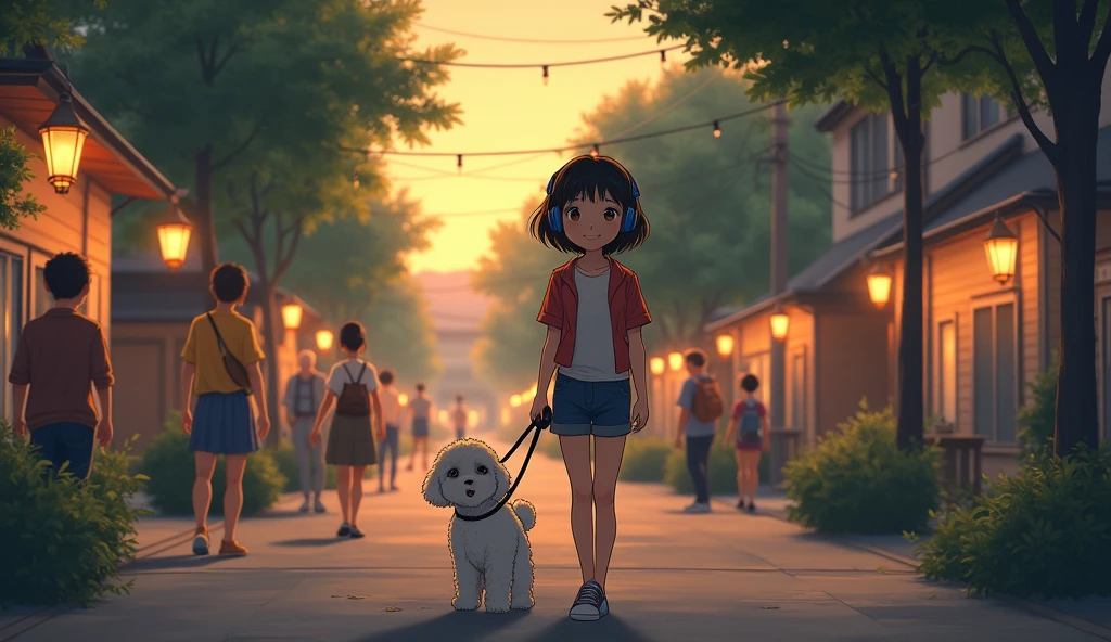 In the style of Makoto Shinkai, a college student with bob hair is wearing headphones and smiling as she walks her toy poodle through a residential area in the evening. Parents and children and elderly people are strolling around her.