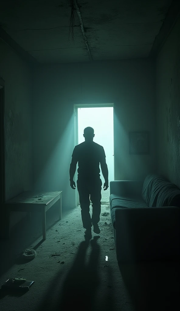 Man walking in an abandoned house in pitch darkness, Next to the sofa and table