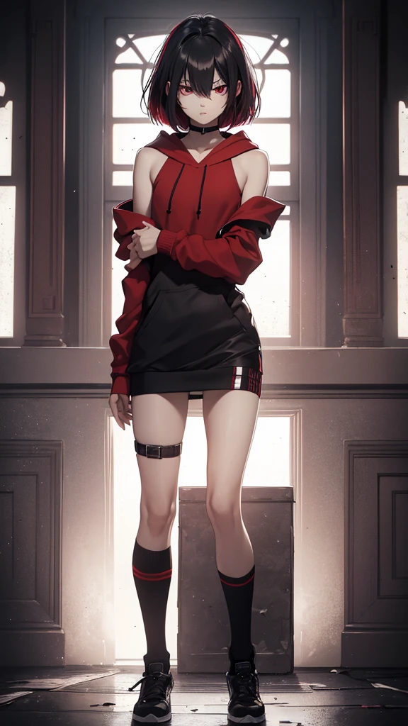 8k resolution,((Highest quality)),Ultra-high resolution,Young Man, alone, Androgynous, (sad look), (dark red eyes), Beautiful and symmetrical face, (Red messy shoulder length short bob),Decadent hoodie,Realistic:1.4,Realistic:1.4,(masterpiece:1.2),Perfect Eyes,Perfect Eyes,Decadent socks,Decadent shorts,Perfect thighs,Slender