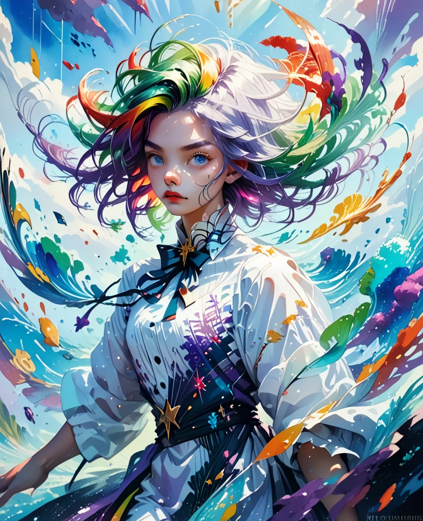 1.5),(1 girl),(dynamic pose),(multicolored hair+silver hair:1.3+red hair:1.2+purple hair+yellow hair:1.3+green hair:1.3),(blue eyes),(neck ribbon),(floating),(cloud),(too many drops of water),(twilight),(watercolor),(wide shot)
