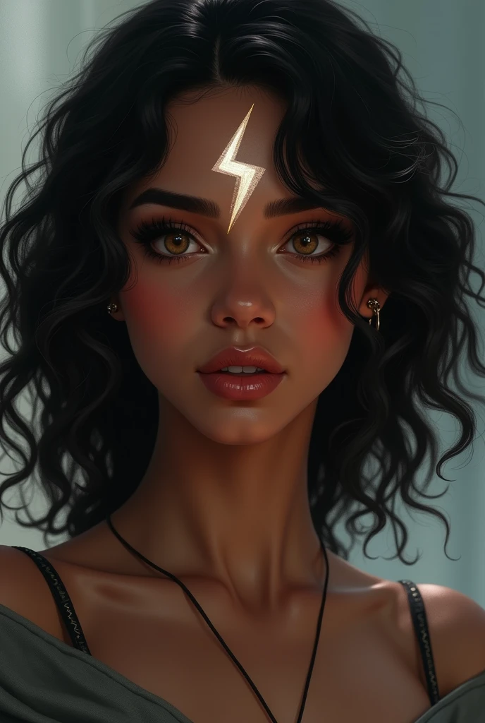 Beautiful girl with dark skin, medium black curly hair, Hazel eyes and a lighting bolt scar on the left side of her forehead