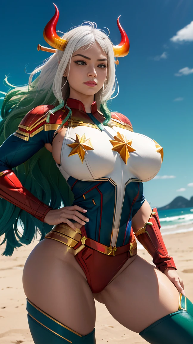 Foto de corpo inteiro, (best qualityer:1.3), sultry posing, captain marvel, (demon girl), very huge breasts, seductiv, sexly, white hair with light green tips, horn with red tips