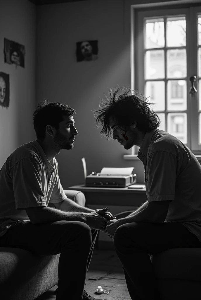 A b&w image of two men, sitting facing each other in a dimly lit dilapidated writing room. The one answering the questions in 2, with messy long hair that almost covers his face and dark eyes and looks horrified of something. He has cuts on his face. The one asking him is 1 with short hair. There is no light in the room and it's night. There is a typewriter behind them and they are sitting on couches with a window behind the scared man's back. The room has pictures hung on the wall that are torn. The scared man is wearing a dirty shirt and has blood on his hands. The other man is a college student. The scared man has no beard