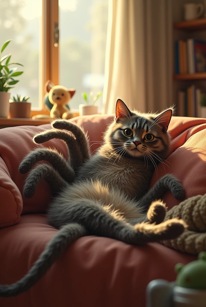 Spider-Cat in Ordinary Life:
Prompt: "Whiskers, in his ordinary cat form, lounges contentedly in a cozy living room, surrounded by toys and his favorite spots. The room is bright and welcoming, capturing a moment of relaxation after his heroic adventures. The scene is warm and inviting, with detailed, realistic textures."