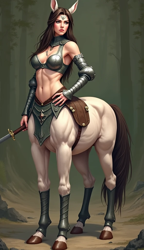 1 The Centaur Girl, four legs, leather bracelet, belt, wearing medieval armor, wields a sword.