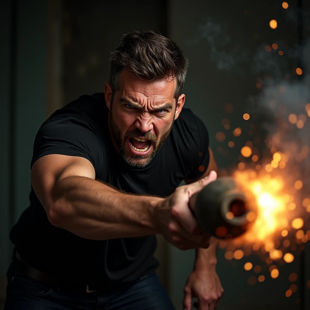 A man wearing a black shirt, fiercely throwing a grenade with intense determination, dynamic action pose, dramatic lighting, high detail, shot with a Canon 5D Mark IV 50mm f/1.8 