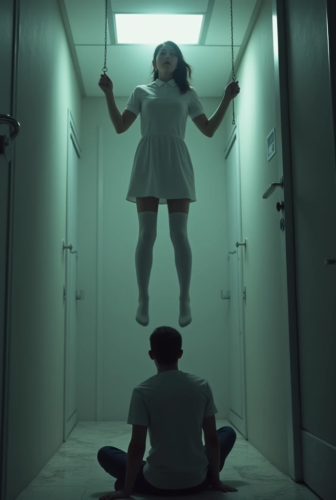Scene of female nurse hanging herself in white thigh high socks ,hovering in the air , a man sitting on the ground in panic 
