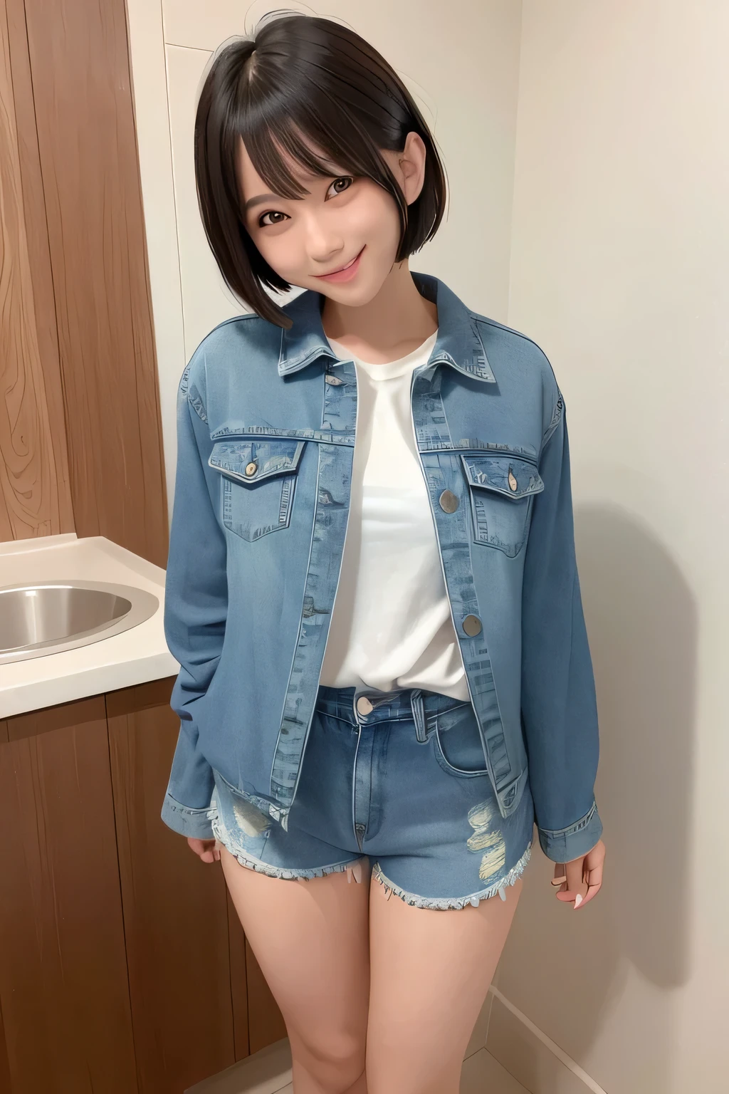 Beautiful girl in extremely short Showa-style denim shorts, short bob, shy smile