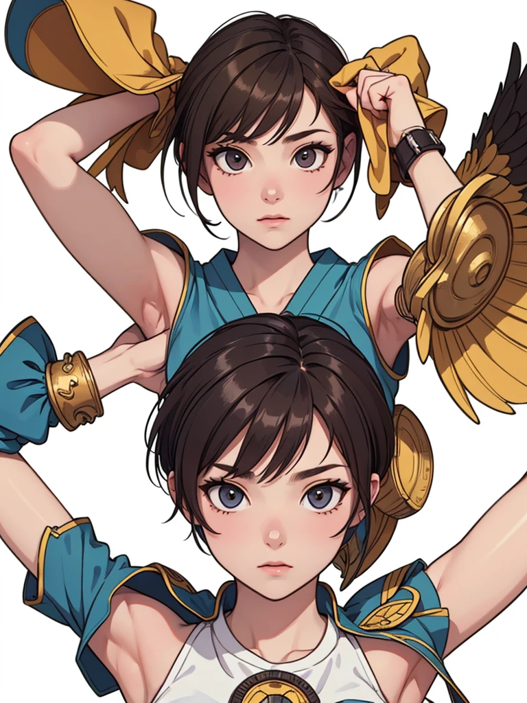 (((masterpiece, best quality, ultra highres, 1 girl, solo, white background))), super detailed skin and face and eyes and finger, beautiful japanese woman, flat breasts:1.5, skinny, light brown hair, very short pixie hair, pixie haircut, cowboy shot, no background, 2D anime, boyish, Various clothes, Various poses, Various facial expressions, draw the entire character within the frame, ensuring that the head, arms and legs are not cut off, with the character positioned centrally,