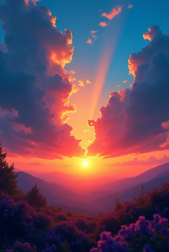 Vibrantly colored sunset landscape, Dramatic orange sky, Sun shining through the clouds, Vibrant orange to blue gradient, Intense blue and orange lighting, Orange and blue shades, Atmospheric lighting background, Dynamic and vibrant backgrounds, Digital Illustration, Vibrant and energetic colorful background, Striking color contrast background