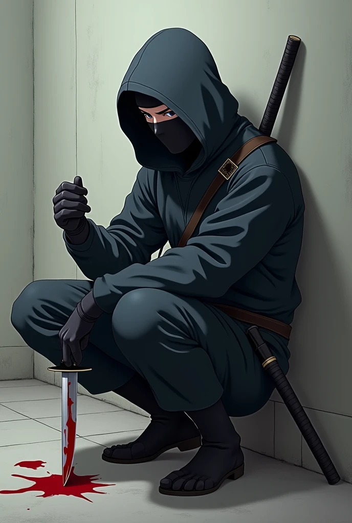 Un ninja du style anime avec un sabre rangé dans son fourreau posé à côté de lui et un tout petit sabre à la main, avec un peu de sang dessus avec le petit fourreau à la ceinture sur le côté. Il est vêtu d'un long manteau à capuche foncé ainsi que d'un pantalon de la même couleur. Il a une cagoule qui masque sa bouche. Il est accroupi et adossé à un mur et joue avec le couteau.