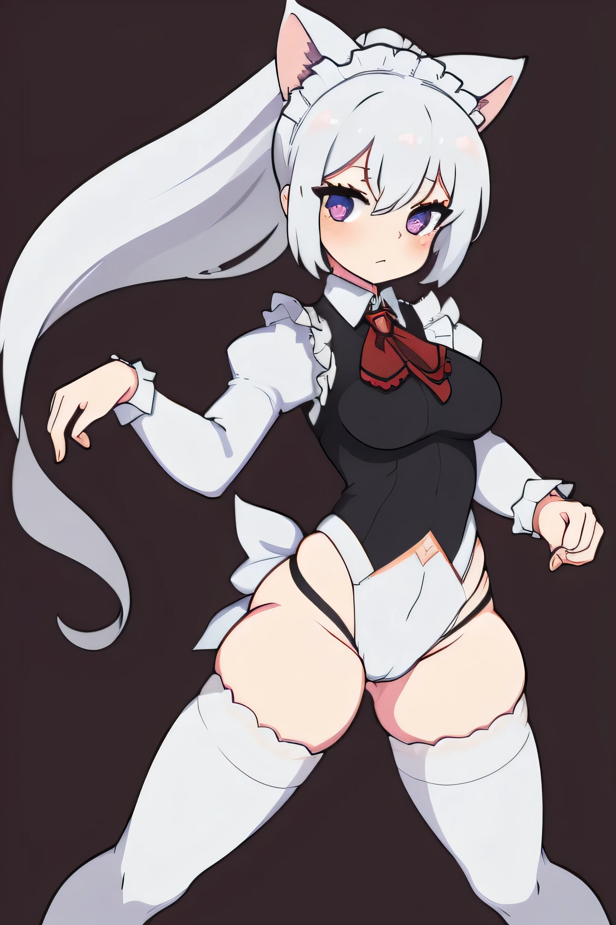 whitehair,,smallstature,redeyes,thighhighs,cute,beautiful,bodysuit,ponytail,fullbody,bestquality,maid,nobackground,thickthighs,catgirl