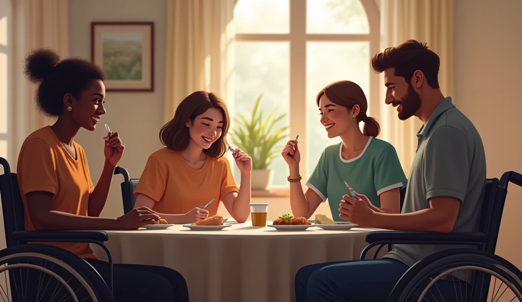 The people of the wheelchairs eating meal and medicine