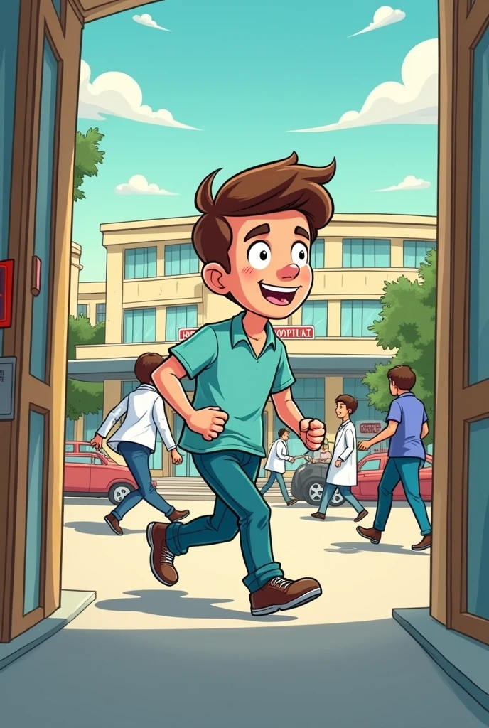 Cartoon of a 20-year-old man leaving the hospital backwards.