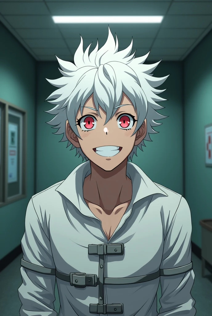 Man with white hair and red eyes, happy, with a smile, with a long-sleeved straitjacket, inside a room in a psychiatric hospital. anime.