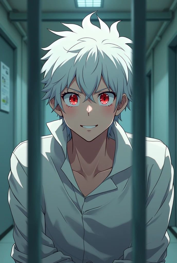 Man with white hair and red eyes, happy, with a smile, with a long-sleeved straitjacket, inside a room in a psychiatric hospital. anime.