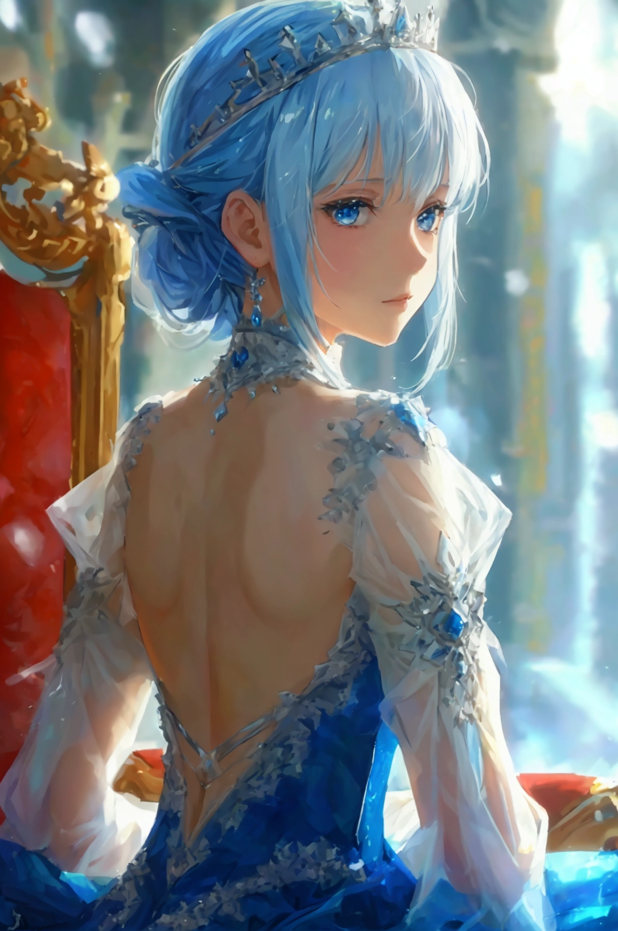An beautiful, gorgeous, cute anime ice queen, pale skin tone, wearing a blue dress that covers her entire back but only covers till knees from the front, stiing on her throne, light blue hair, long hair till her hips, small breast, perfect figure, pretty, looking at user, kind
The dress covering her whole upper body till nneck, upper body should not be shown,anime style, spreading her legs,hands fixing hair, light blue thin gloves on forearm, wearing an large ice crown, sitting while spreading legs, looking at viewer, full body image