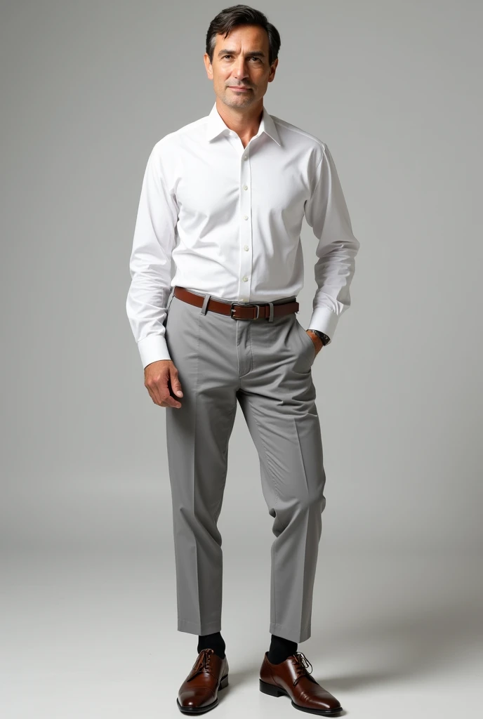 A guy wearing white long sleeve formal polo, light gray pants and brown shoes with black socks