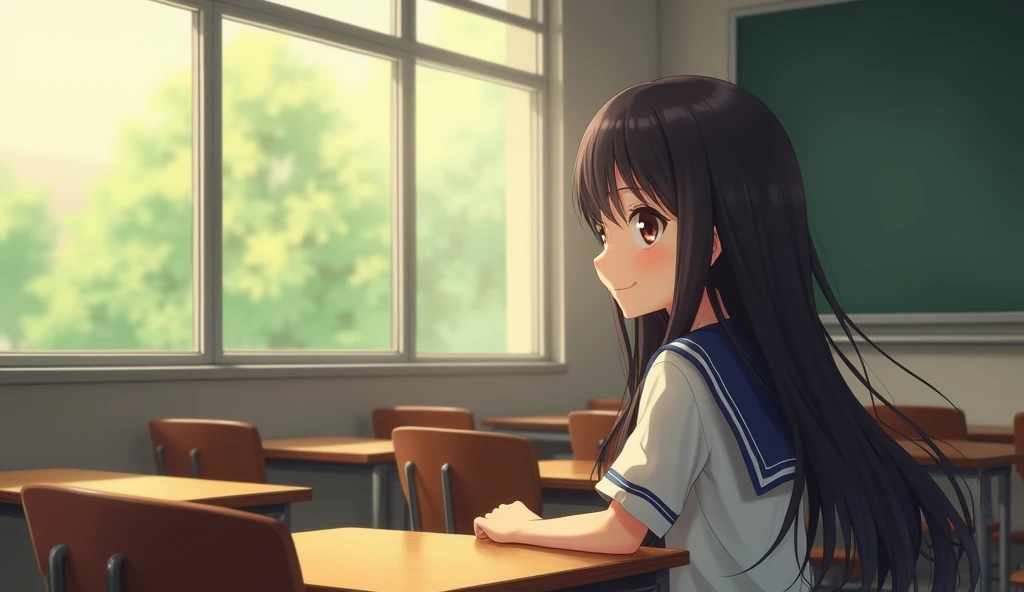 Girl in high school classroom，Last row by the window，Looking out the window，Wearing uniform，Smiling happy expression，Shinkai Makoto style，Anime Style、Long Hair、A high school girl looking at the camera from afar