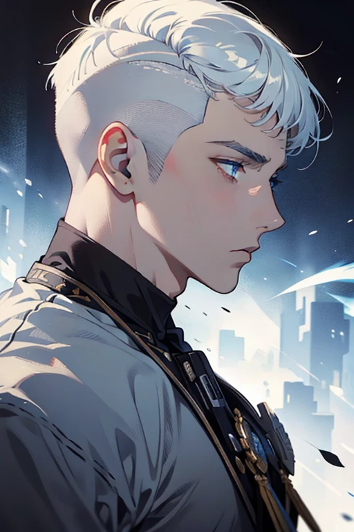 Masterpiece, best quality, Portrait, profile view, of Rinka, 1man,white hair,(((military haircut))), light blue eyes, male focus, black t-shirt, dramatic lighting
