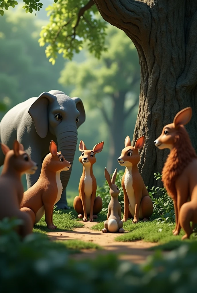 "Scene 2: The Animals' Meeting

Description: A secretive meeting of various jungle animals including an elephant, deer, rabbit, and others. They are gathered around a large tree, discussing a plan to save themselves from the lion. The animals are depicted in deep discussion, with worried expressions. The rabbit stands out, looking thoughtful and a bit separate from the group.
Focus: Show the tension and concern among the animals, with the rabbit subtly shown as the clever one. In Cinematic 3d style image 