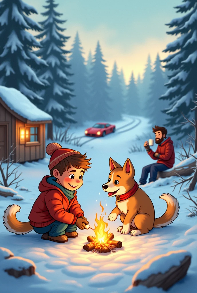 A young bou
 and dog   in a snow  and enjoying the suns and fire camp in wood stick and man is drinking coffe in a cup sittinng on a railway track 
Let with pleasent nature and clan sky and near by there is sports car